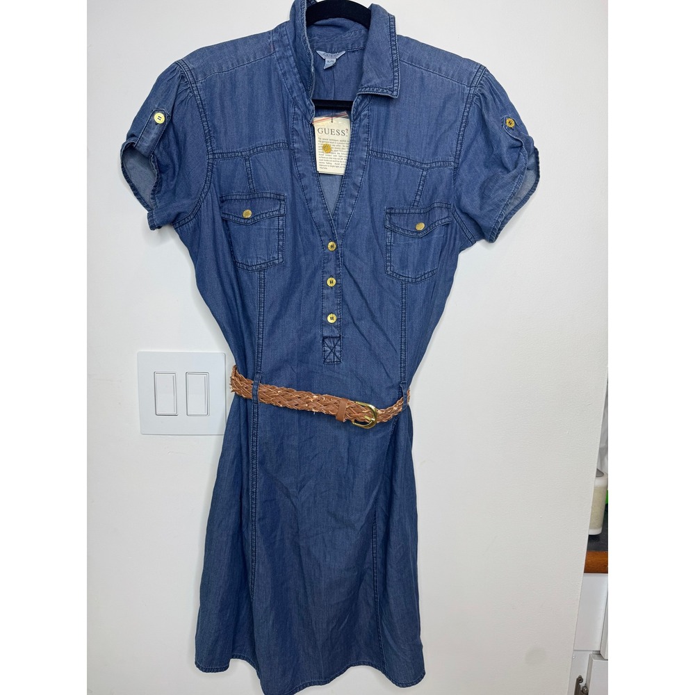 Guess Celestine Shirt Dress XL Dark Wash Denim Short Sleeve Braided Belt NWT